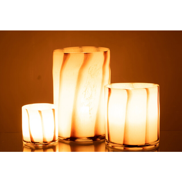 J-Line windlicht strepen safari glas wit/bruin large 20x20x30cm 3013701 large