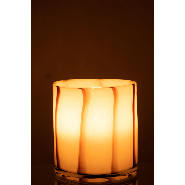 J-Line windlicht strepen safari glas wit/bruin medium 18x18x18cm 3013700 large