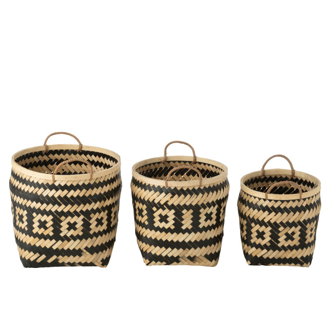 J-Line set van 3 mand patronen handvaten bamboe /zwart 41x41x39cm 3005063 large