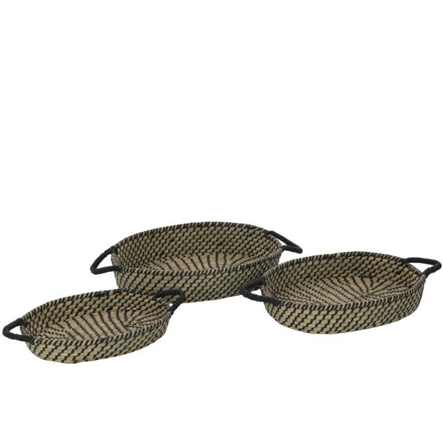 J-Line set van 3 mand ovaal handvatten stro /zwart 57x34x11cm 3005073 large