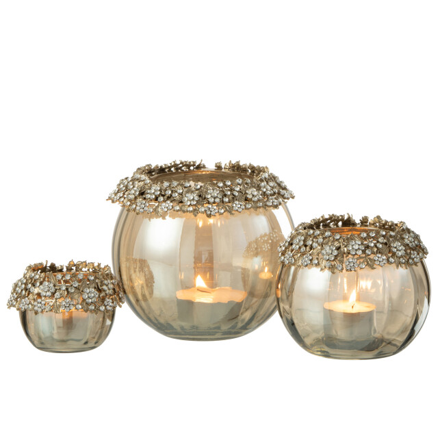 J-Line theelichthouder volve metaal/glas goud/brons large 14x10x14cm 3013850 large