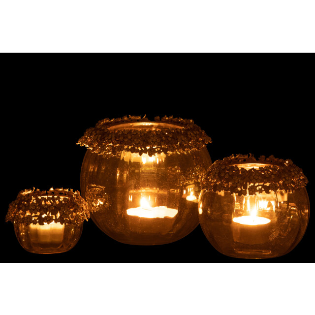 J-Line theelichthouder volve metaal/glas goud/brons large 14x10x14cm 3013850 large