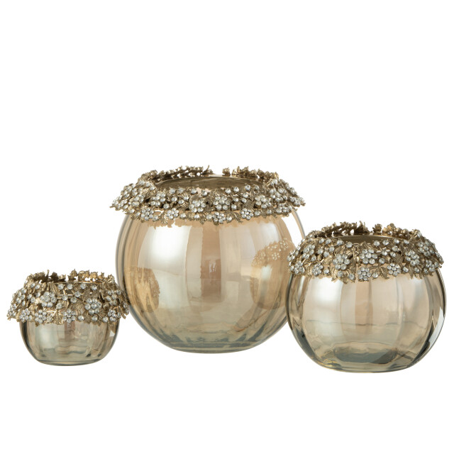 J-Line theelichthouder volve metaal/glas goud/brons large 14x10x14cm 3013850 large