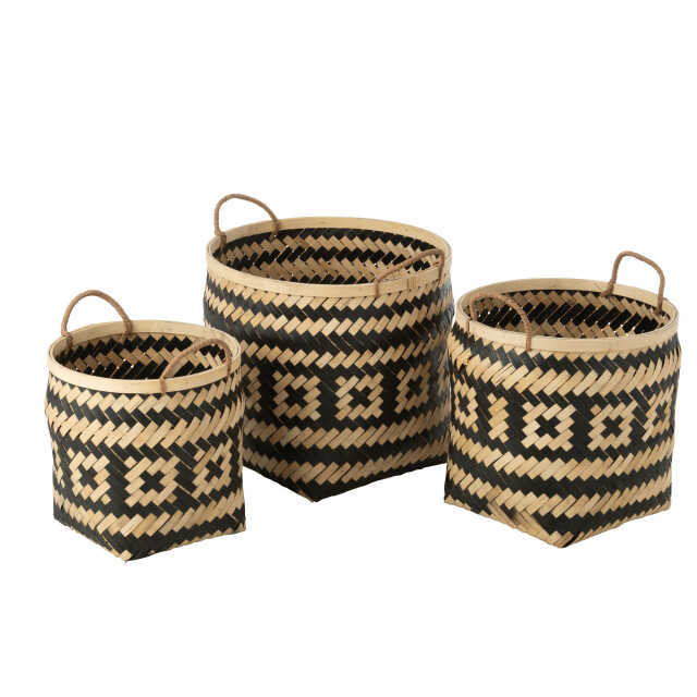 J-Line set van 3 mand patronen handvaten bamboe /zwart 41x41x39cm 3005063 large