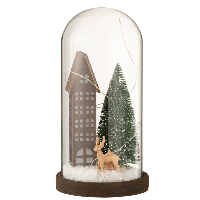 J-Line stolp hoog led huis glas/hout dark brown/green large 14x14x27cm 3005725 large