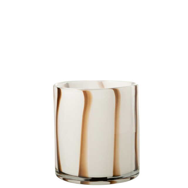 J-Line windlicht strepen safari glas wit/bruin medium 18x18x18cm 3013700 large