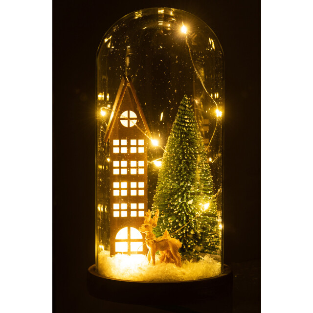 J-Line stolp hoog led huis glas/hout dark brown/green large 14x14x27cm 3005725 large