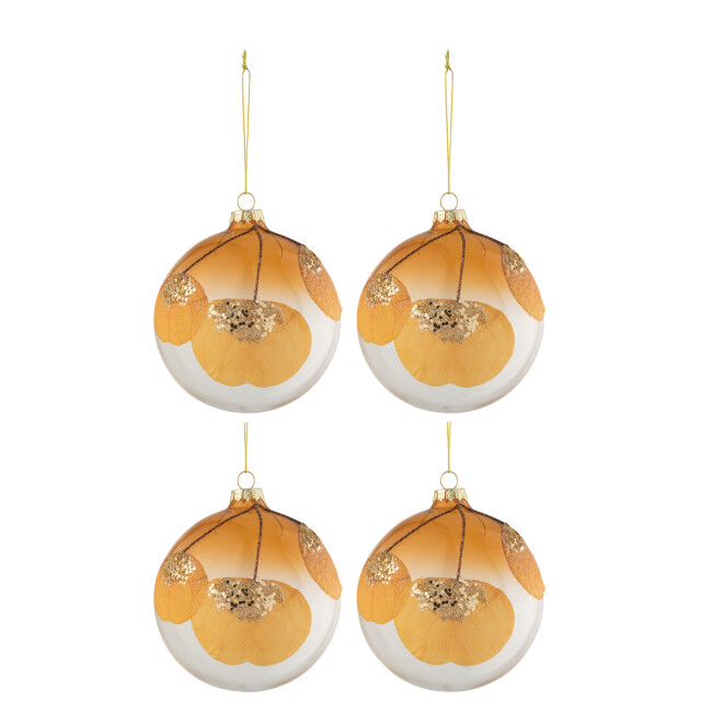 J-Line doos van 4 kerstballen gedroogd blad oker+glitter glas transparant 3007397 large