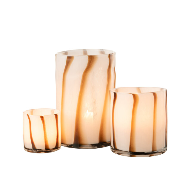 J-Line windlicht strepen safari glas wit/bruin large 20x20x30cm 3013701 large
