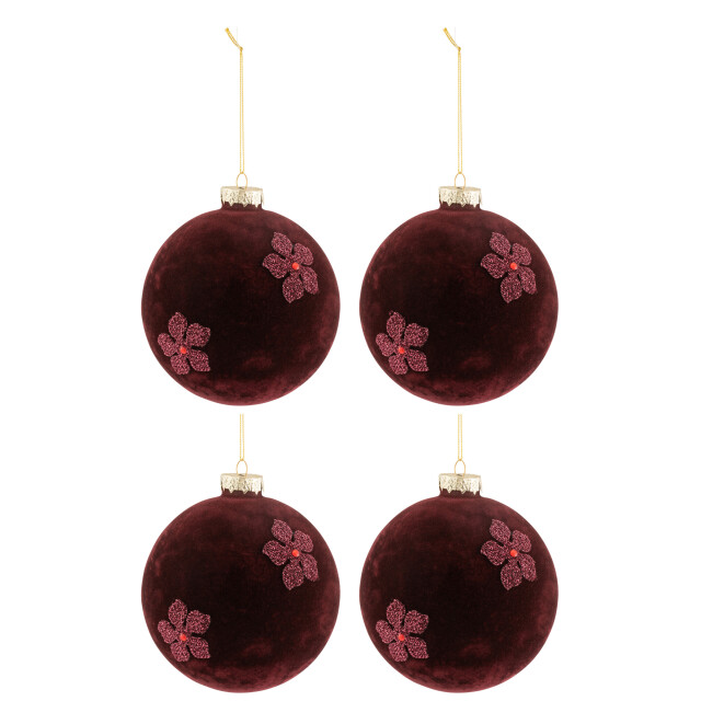J-Line doos van 4 kerstballen bloemen fluweel glas burgundy large 12x12x12cm 3006114 large