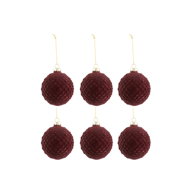 J-Line doos van 6 kerstballen patroon fluweel glas burgundy small 8x8x8cm 3006103 large