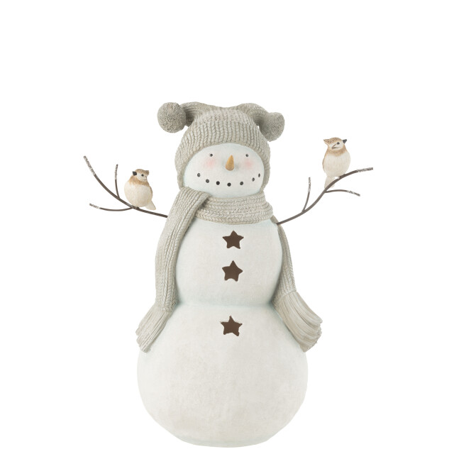 J-Line sneeuwman led vogels resine wit/grey large 43.5x26x50cm 3010220 large