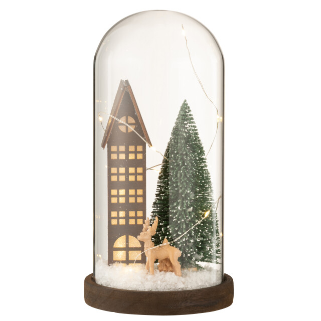 J-Line stolp hoog led huis glas/hout dark brown/green large 14x14x27cm 3005725 large