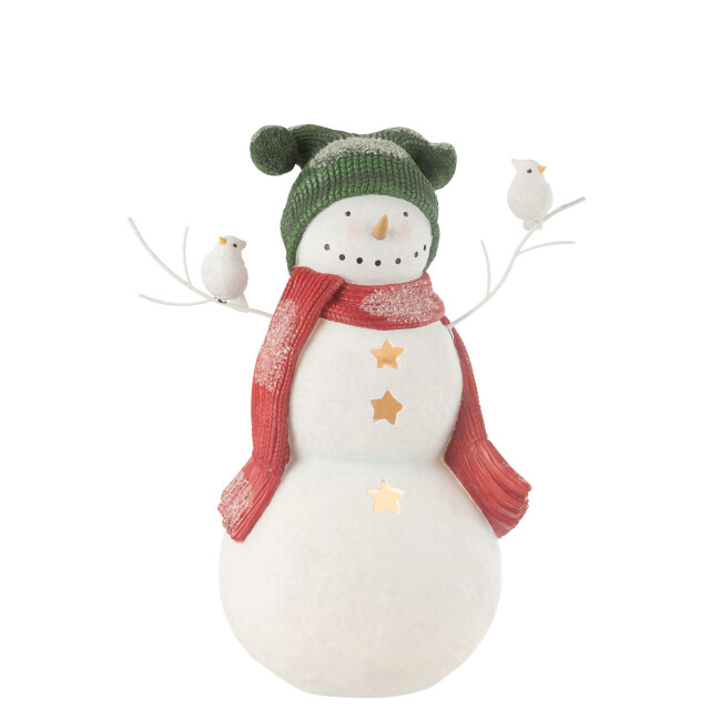 J-Line sneeuwman led vogels resine rood/green large 43.5x26x50cm 3010224 large