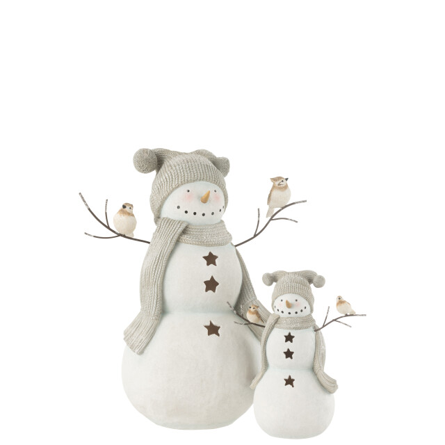 J-Line sneeuwman led vogels resine wit/grey large 43.5x26x50cm 3010220 large