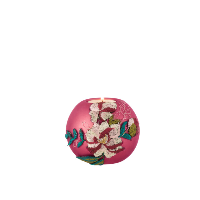 J-Line doos van 4 theelichthouders geborduurde bloem glas burgundy/mix - 3013786 large