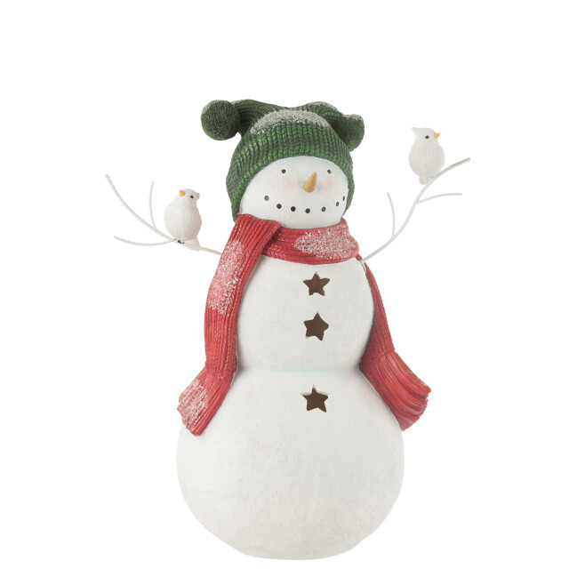 J-Line sneeuwman led vogels resine rood/green large 43.5x26x50cm 3010224 large
