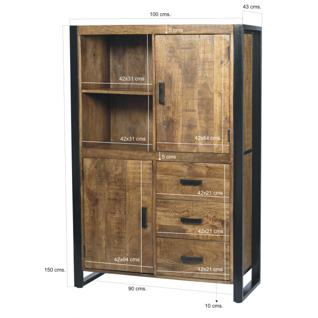 Livingfurn kabinetkast nairobi 43x100x150 mangohout en gecoat staal 2059032 large