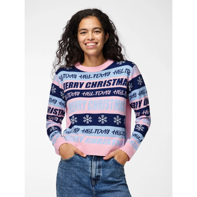 Pieces Dames gebreide kerst trui pcholli xmas roze/blauw 17156434 large
