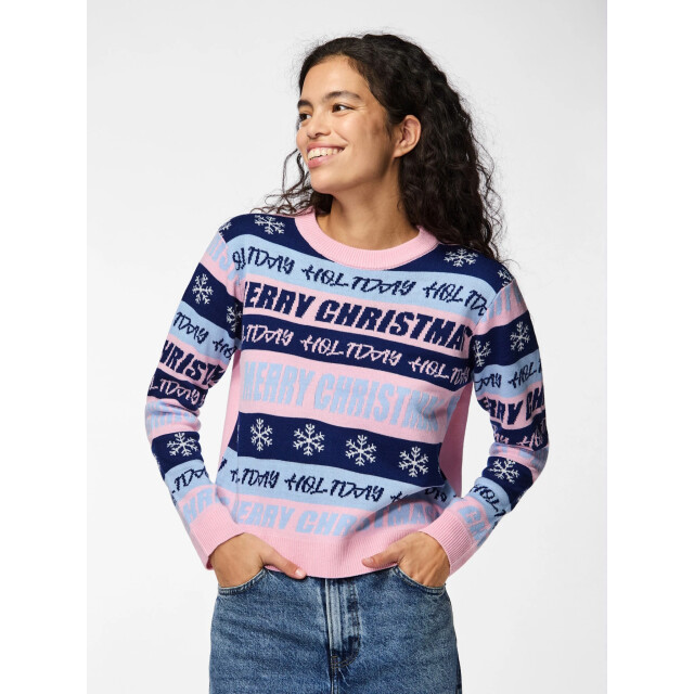Pieces Dames gebreide kerst trui pcholli xmas roze/blauw 17156434 large