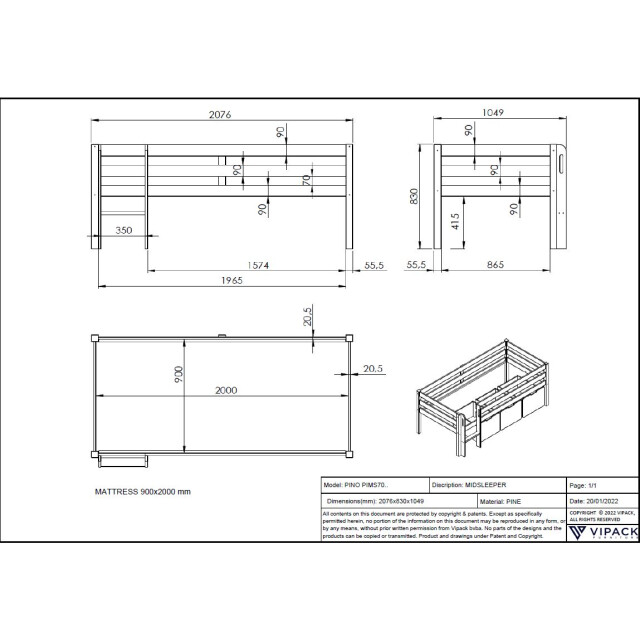 Lucevi pino set van 3 lades voor halfhoogslaper - 3012169 large
