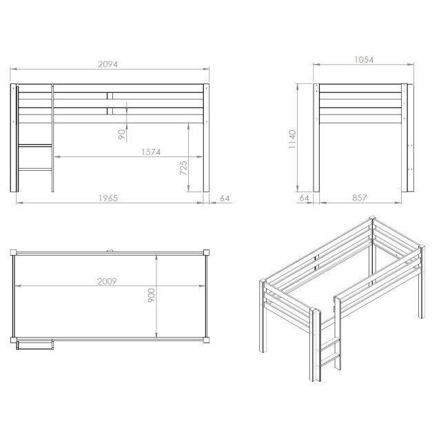 Lucevi pino halfhoogslaper h115cm met ladder 90 x 200 cm birdy 3012410 large