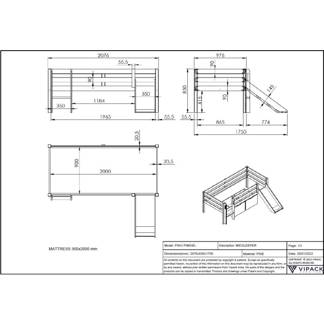 Lucevi pino halfhoogslaper h85cm met glijbaan 90 x 200 cm pino 3012179 large