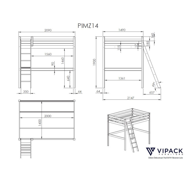 Lucevi pino mezzanine bed 140 x 200 cm pino mezzanine bed met zetelbed 90 3011966 large