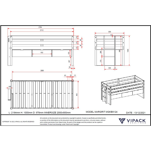 Lucevi margrit kajuitbed met 3 laden 90x200cm - 3012163 large