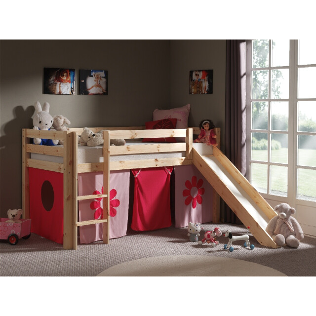 Lucevi pino halfhoogslaper + ladder + glijbaan + pink flower gordijntjes - 3012344 large