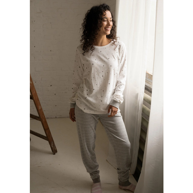 By Louise Dames winter pyjama set lang badstof sterren wit BL-418-02 large