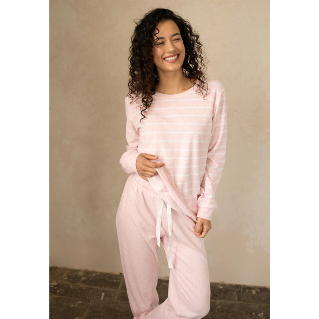By Louise Dames winter pyjama set lang badstof gestreept roze BL-490-02 large