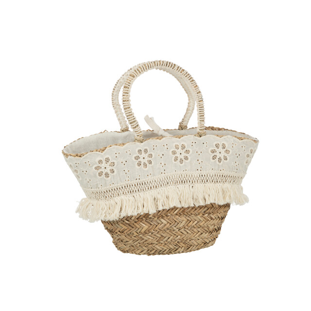 J-Line strandtas bloemen+franjes zeegras nat/creme 59x16x30cm 3009286 large