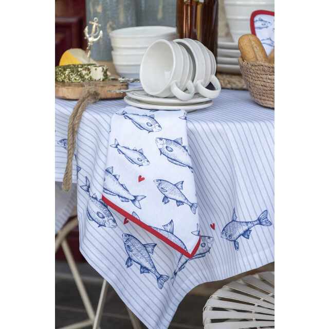 Clayre & Eef Tafelkleed Ø 170 cm blauw katoen rond vissen tafellaken 2336304 large