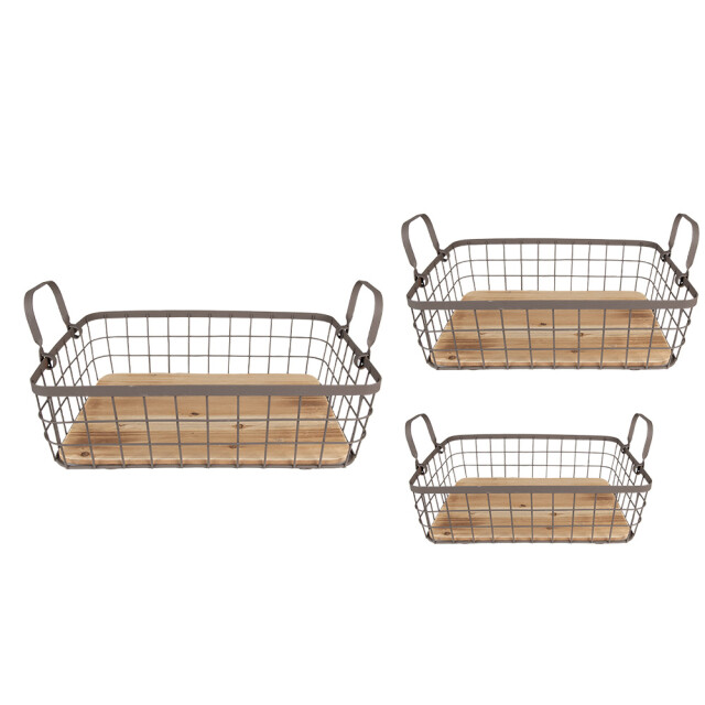 Clayre & Eef Opbergmand set van 3 38x28x11 cm bruin ijzer hout mand 2344460 large
