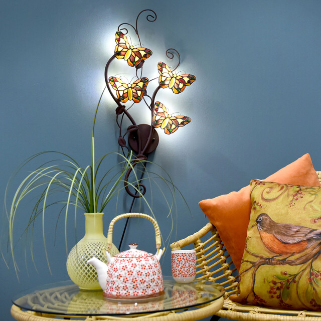 LumiLamp Wandlamp tiffany 32x68 cm bruin metaal glas vlinder muurlamp 1088631 large