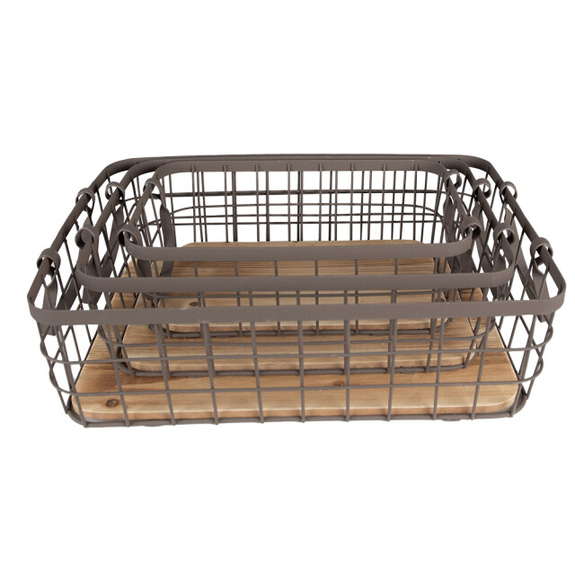 Clayre & Eef Opbergmand set van 3 38x28x11 cm bruin ijzer hout mand 2344460 large