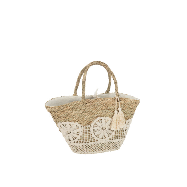J-Line strandtas kant bloem+kwast jute /wit 50x19x52cm 3008219 large