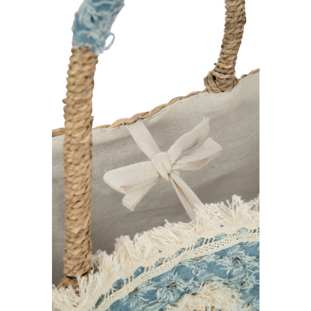J-Line strandtas bloemen+franjes denim zeegras nat/blauw 59x16x30cm 3009298 large