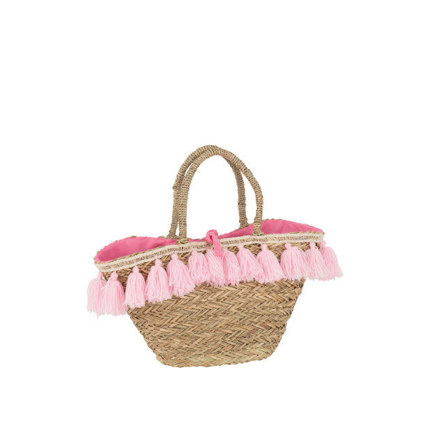 J-Line strandtas kwasten jute/textiel naturel/roze 50x22x50cm 3008264 large