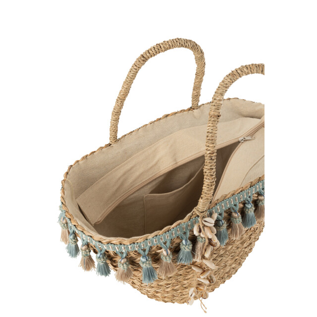 J-Line strandtas kwastjes blauw/beige riet 48x23x50cm 3005595 large