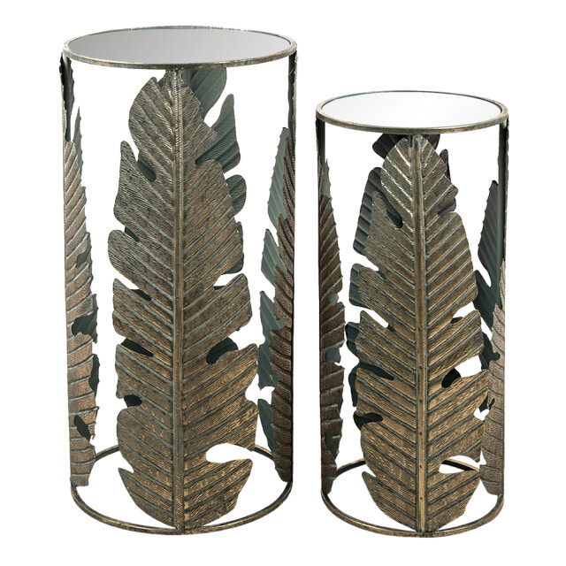 Clayre & Eef Bijzettafel set van 2 metaal glas rond bladeren 1364739 large