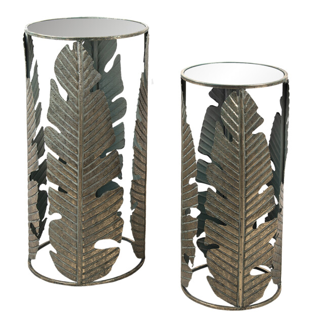 Clayre & Eef Bijzettafel set van 2 metaal glas rond bladeren 1364739 large