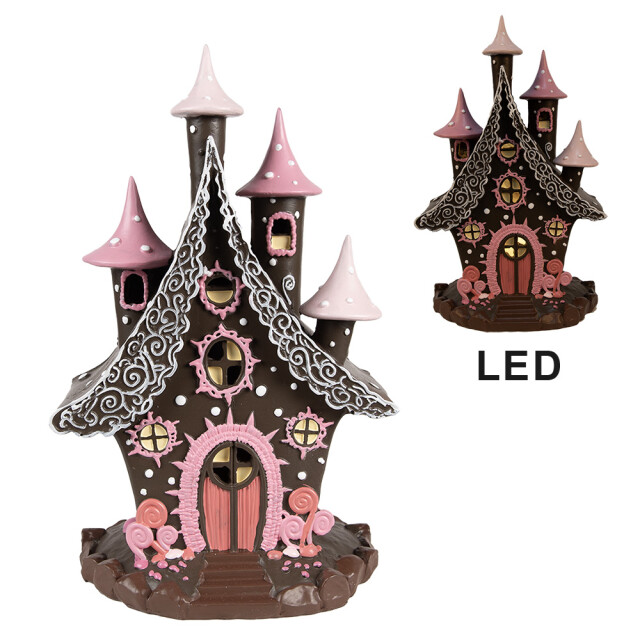 Clayre & Eef Gingerbread house met led 16x13x26 cm roze kunststof 2940336 large