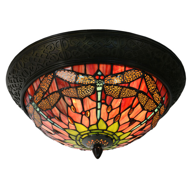 LumiLamp Plafondlamp tiffany Ø 38x19 cm groen glas driehoek libelle 1116264 large