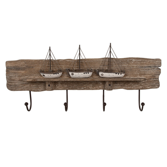 Clayre & Eef Wandkapstok 4 haken 63x8x27 cm hout ijzer bootjes 2823015 large