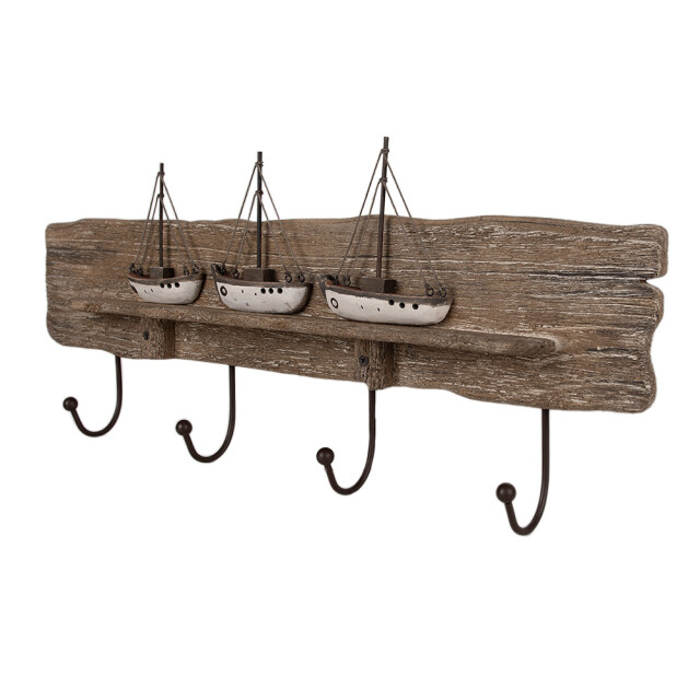 Clayre & Eef Wandkapstok 4 haken 63x8x27 cm hout ijzer bootjes 2823015 large
