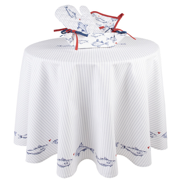 Clayre & Eef Tafelkleed Ø 170 cm blauw katoen rond vissen tafellaken 2336304 large