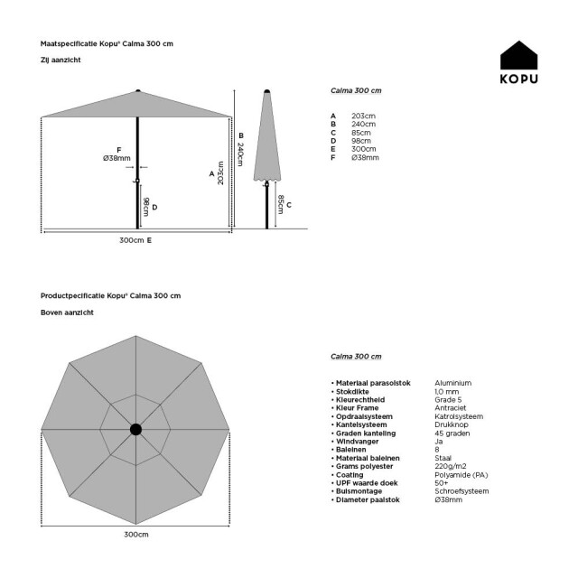 Kopu ® calma parasol rond 300 cm met windvanger licht 1329618 large