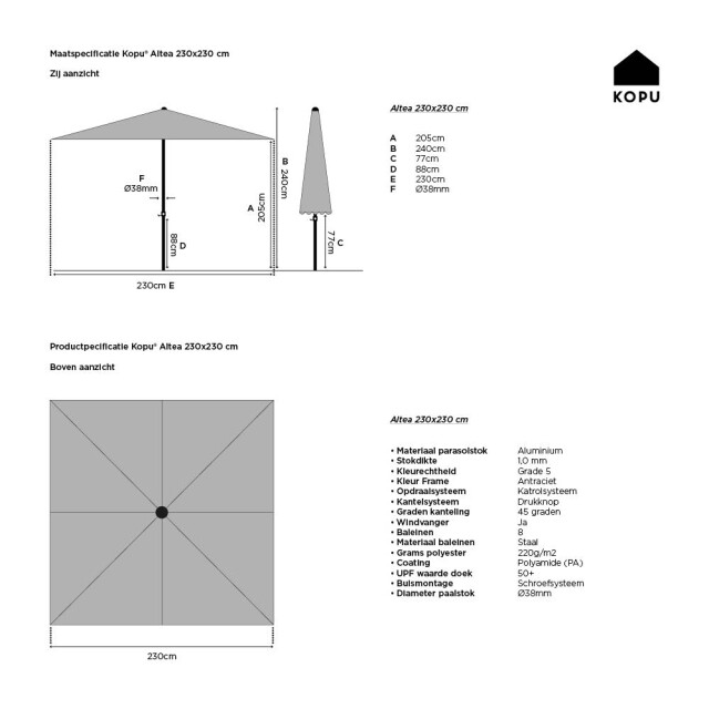 Kopu ® altea parasol vierkant 230x230 cm met windvanger - 1329826 large